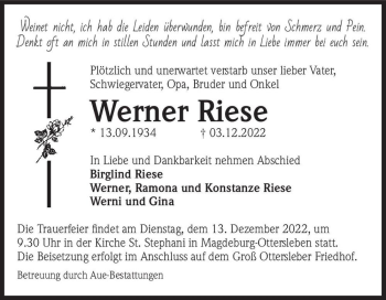Traueranzeige von Werner Riese  von Magdeburger Volksstimme