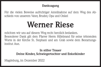 Traueranzeige von Werner Riese  von Magdeburger Volksstimme