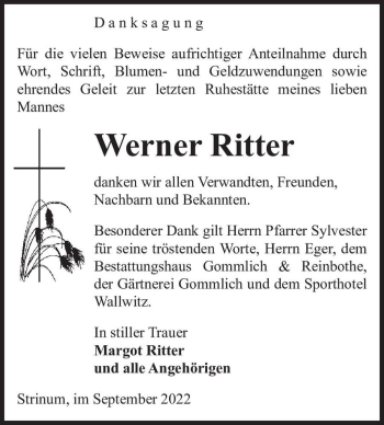 Traueranzeige von Werner Ritter  von Magdeburger Volksstimme