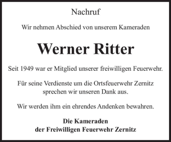 Traueranzeige von Werner Ritter  von Magdeburger Volksstimme