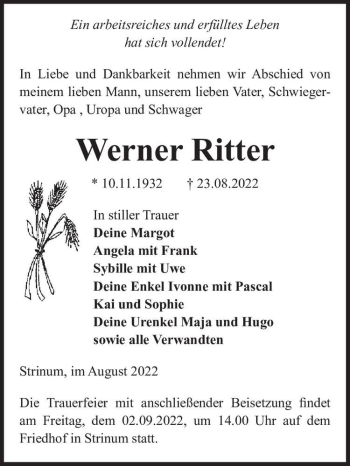 Traueranzeige von Werner Ritter  von Magdeburger Volksstimme