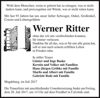 Traueranzeige von Werner Ritter  von Magdeburger Volksstimme