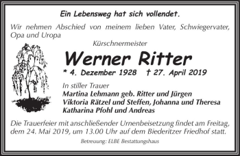 Traueranzeige von Werner Ritter  von Magdeburger Volksstimme