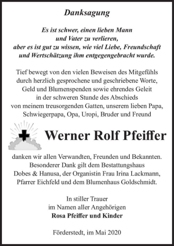 Traueranzeige von Werner Rolf Pfeiffer  von Magdeburger Volksstimme