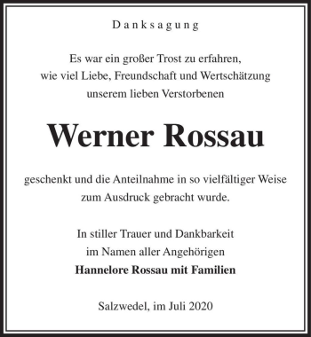 Traueranzeige von Werner Rossau  von Magdeburger Volksstimme