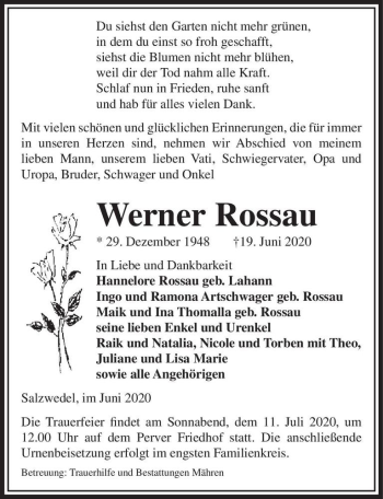 Traueranzeige von Werner Rossau  von Magdeburger Volksstimme