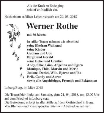 Traueranzeige von Werner Rothe  von Magdeburger Volksstimme
