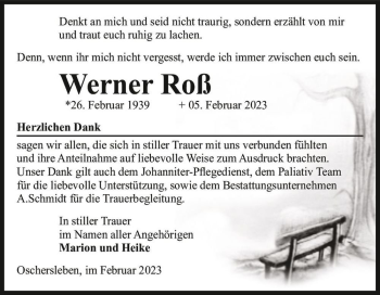 Traueranzeige von Werner Roß  von Magdeburger Volksstimme