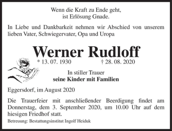 Traueranzeige von Werner Rudloff  von Magdeburger Volksstimme