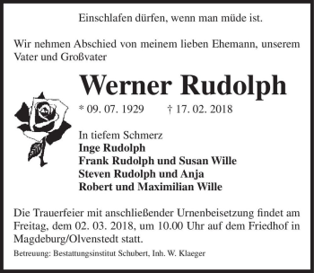 Traueranzeige von Werner Rudolph  von Magdeburger Volksstimme