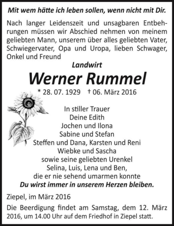 Traueranzeige von Werner Rummel  von Magdeburger Volksstimme