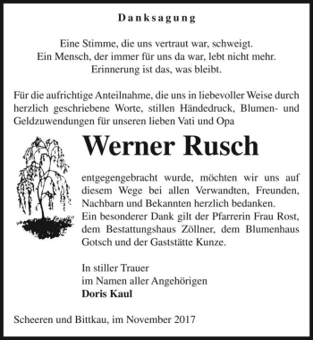 Traueranzeige von Werner Rusch  von Magdeburger Volksstimme