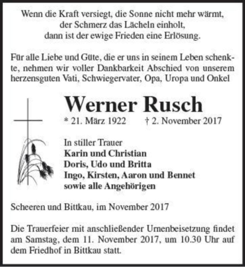 Traueranzeige von Werner Rusch  von Magdeburger Volksstimme