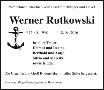 Traueranzeige von Werner Rutkowski  von Magdeburger Volksstimme
