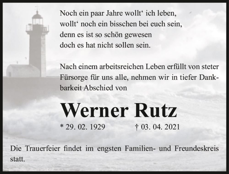  Traueranzeige für Werner Rutz  vom 20.05.2021 aus Magdeburger Volksstimme