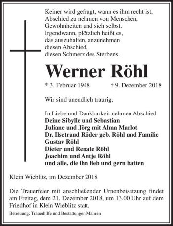 Traueranzeige von Werner Röhl  von Magdeburger Volksstimme