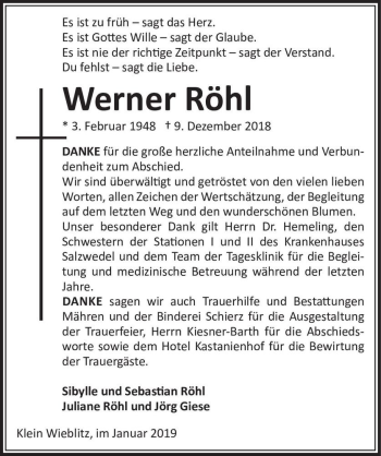 Traueranzeige von Werner Röhl  von Magdeburger Volksstimme