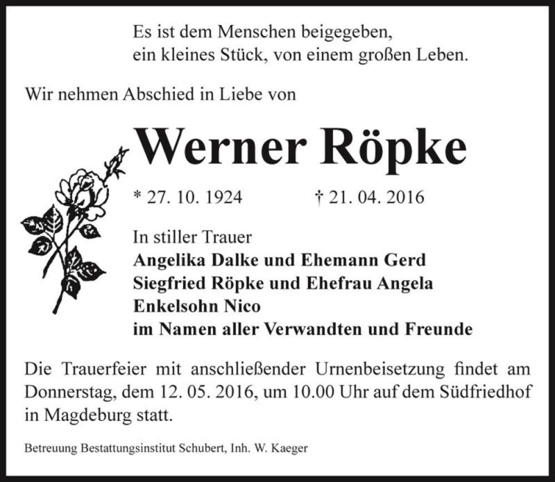  Traueranzeige für Werner Röpke  vom 07.05.2016 aus Magdeburger Volksstimme