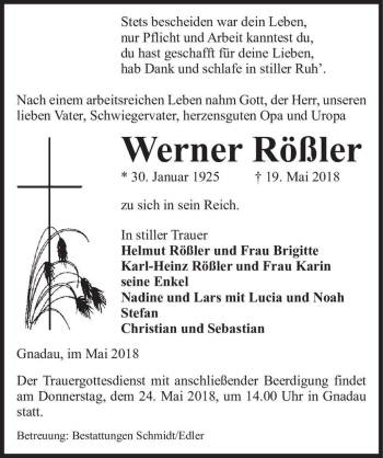 Traueranzeige von Werner Rößler  von Magdeburger Volksstimme
