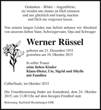 Traueranzeige von Werner Rüssel  von Magdeburger Volksstimme