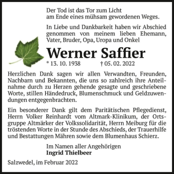 Traueranzeige von Werner Saffier  von Magdeburger Volksstimme