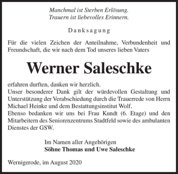Traueranzeige von Werner Saleschke  von Magdeburger Volksstimme