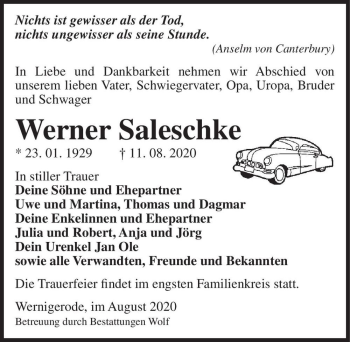 Traueranzeige von Werner Saleschke  von Magdeburger Volksstimme