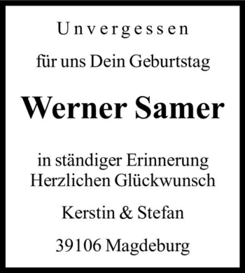 Traueranzeige von Werner Samer  von Magdeburger Volksstimme