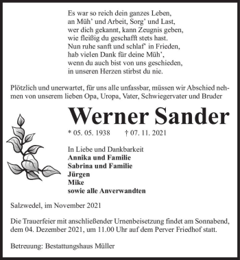 Traueranzeige von Werner Sander  von Magdeburger Volksstimme