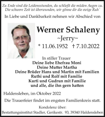 Traueranzeige von Werner Schaleny -Jerry-  von Magdeburger Volksstimme