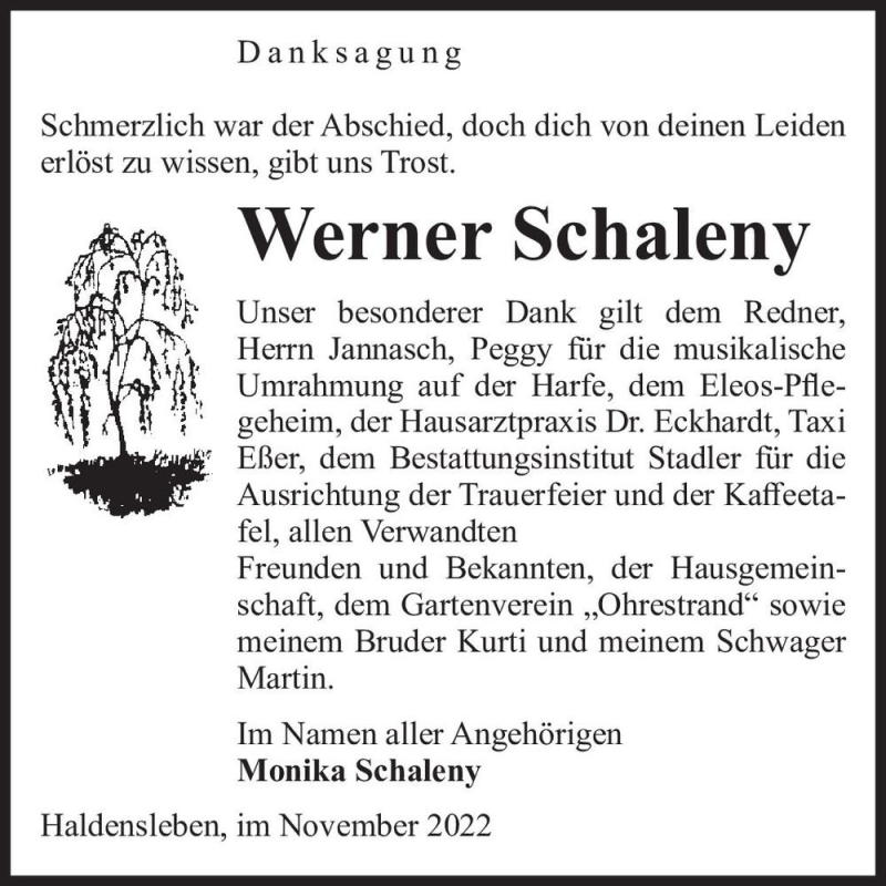  Traueranzeige für Werner Schaleny  vom 12.11.2022 aus Magdeburger Volksstimme
