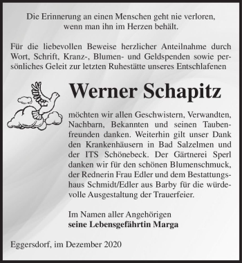 Traueranzeige von Werner Schapitz  von Magdeburger Volksstimme