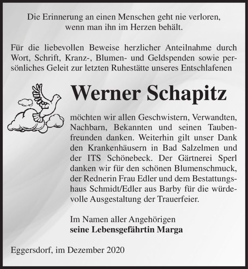  Traueranzeige für Werner Schapitz  vom 19.12.2020 aus Magdeburger Volksstimme