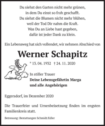Traueranzeige von Werner Schapitz  von Magdeburger Volksstimme