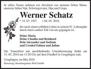 Traueranzeige von Werner Schatz  von Magdeburger Volksstimme