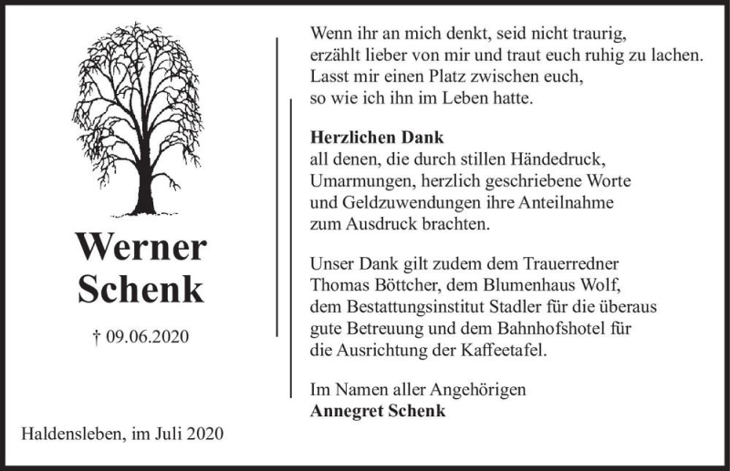 Traueranzeige für Werner Schenk  vom 11.07.2020 aus Magdeburger Volksstimme