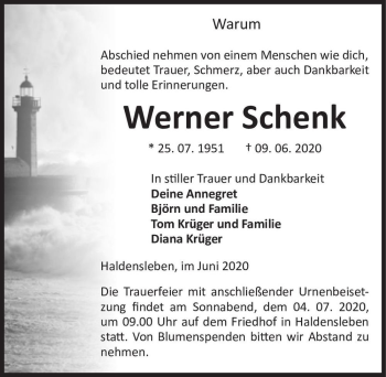 Traueranzeige von Werner Schenk  von Magdeburger Volksstimme