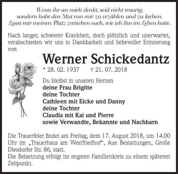 Traueranzeige von Werner Schickedantz  von Magdeburger Volksstimme