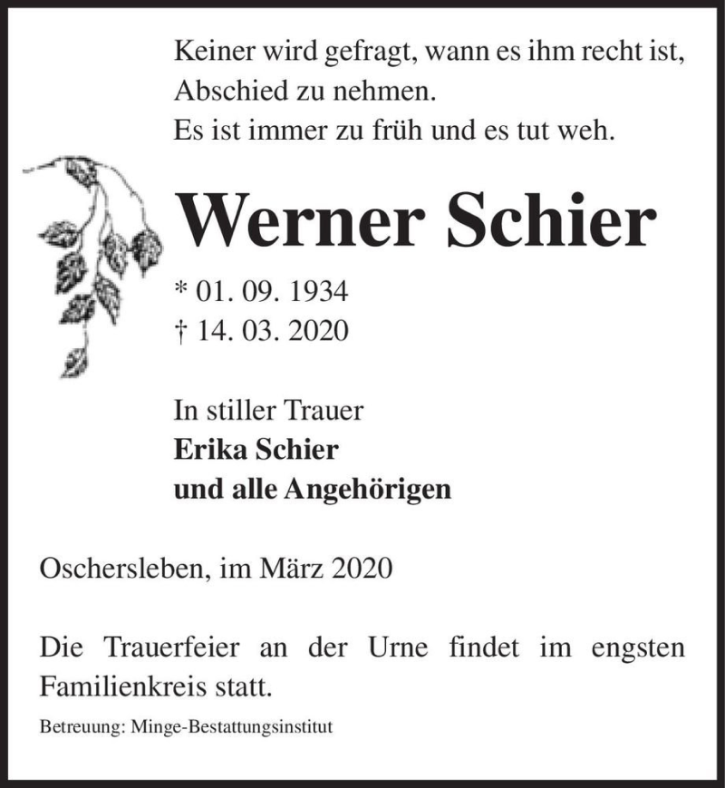  Traueranzeige für Werner Schier  vom 21.03.2020 aus Magdeburger Volksstimme
