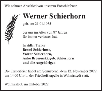 Traueranzeige von Werner Schierhorn  von Magdeburger Volksstimme