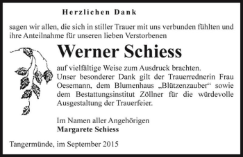 Traueranzeige von Werner Schiess  von Magdeburger Volksstimme