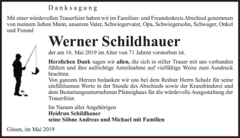 Traueranzeige von Werner Schildhauer  von Magdeburger Volksstimme