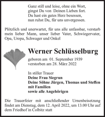 Traueranzeige von Werner Schlüsselburg  von Magdeburger Volksstimme