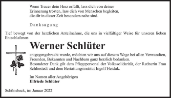 Traueranzeige von Werner Schlüter  von Magdeburger Volksstimme