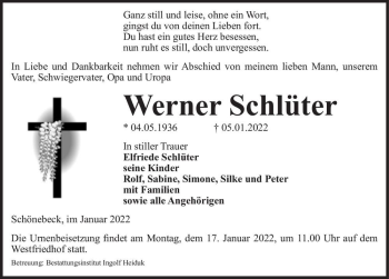 Traueranzeige von Werner Schlüter  von Magdeburger Volksstimme