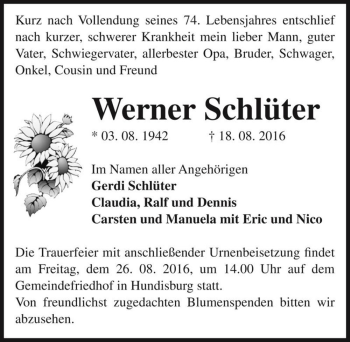 Traueranzeige von Werner Schlüter  von Magdeburger Volksstimme