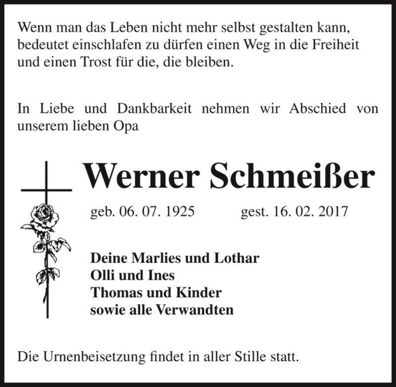  Traueranzeige für Werner Schmeißer  vom 25.02.2017 aus Magdeburger Volksstimme