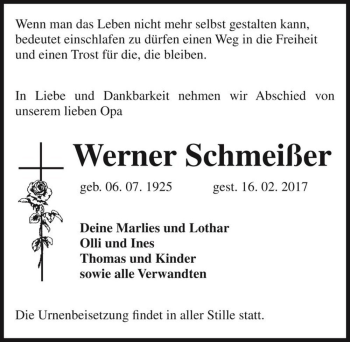 Traueranzeige von Werner Schmeißer  von Magdeburger Volksstimme