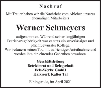 Traueranzeige von Werner Schmeyers  von Magdeburger Volksstimme