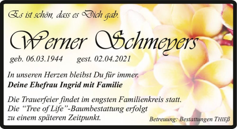  Traueranzeige für Werner Schmeyers  vom 10.04.2021 aus Magdeburger Volksstimme